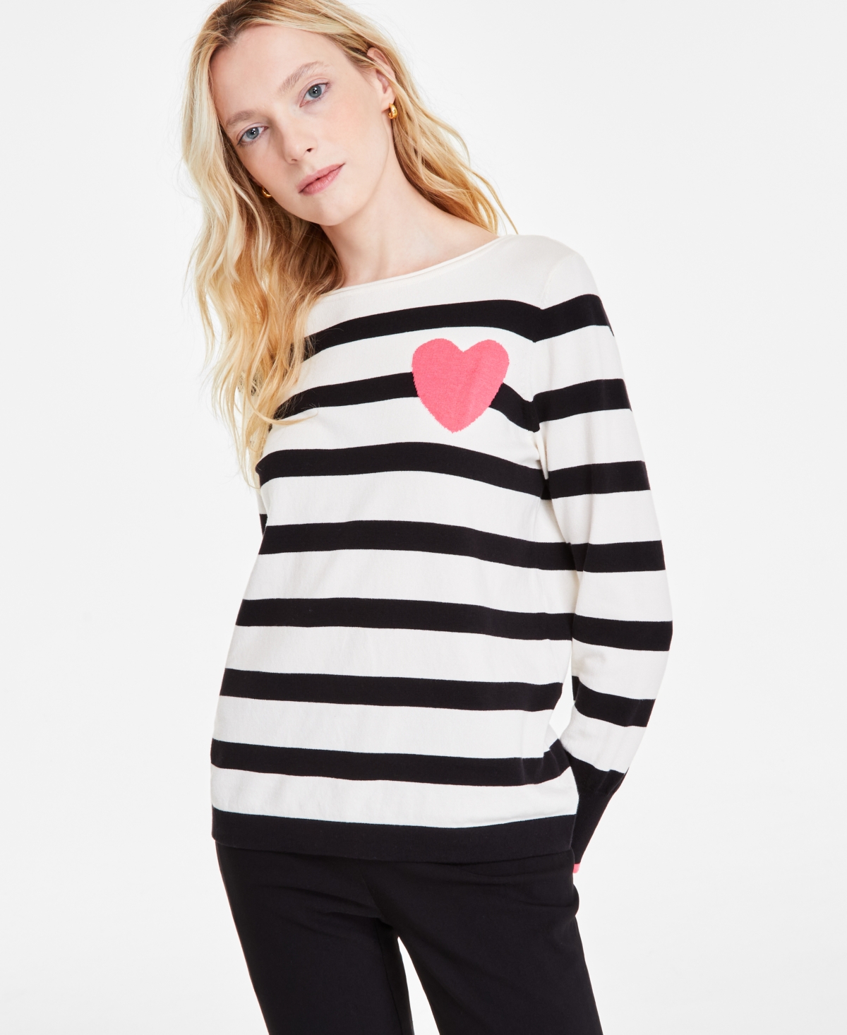Women's Striped Heart Boat-Neck Sweater - Jones White Multi