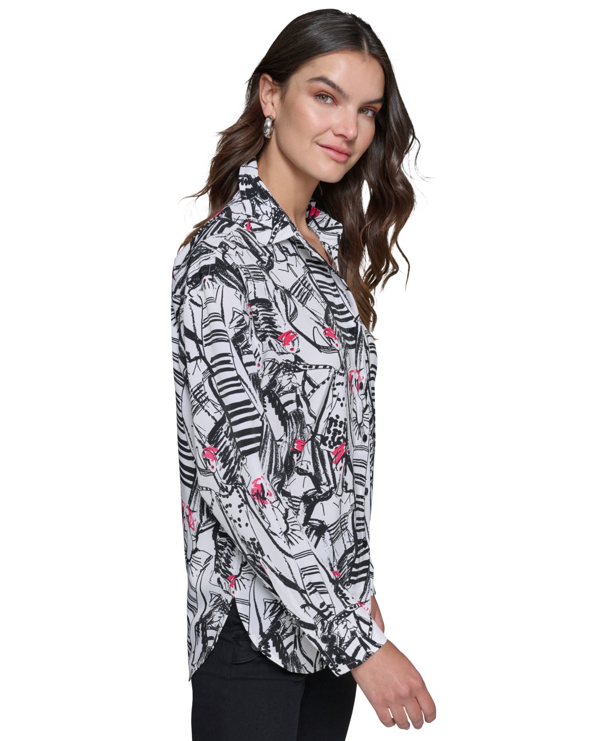 KARL LAGERFELD PETITE PRINTED LONG-SLEEVE SHIRT 