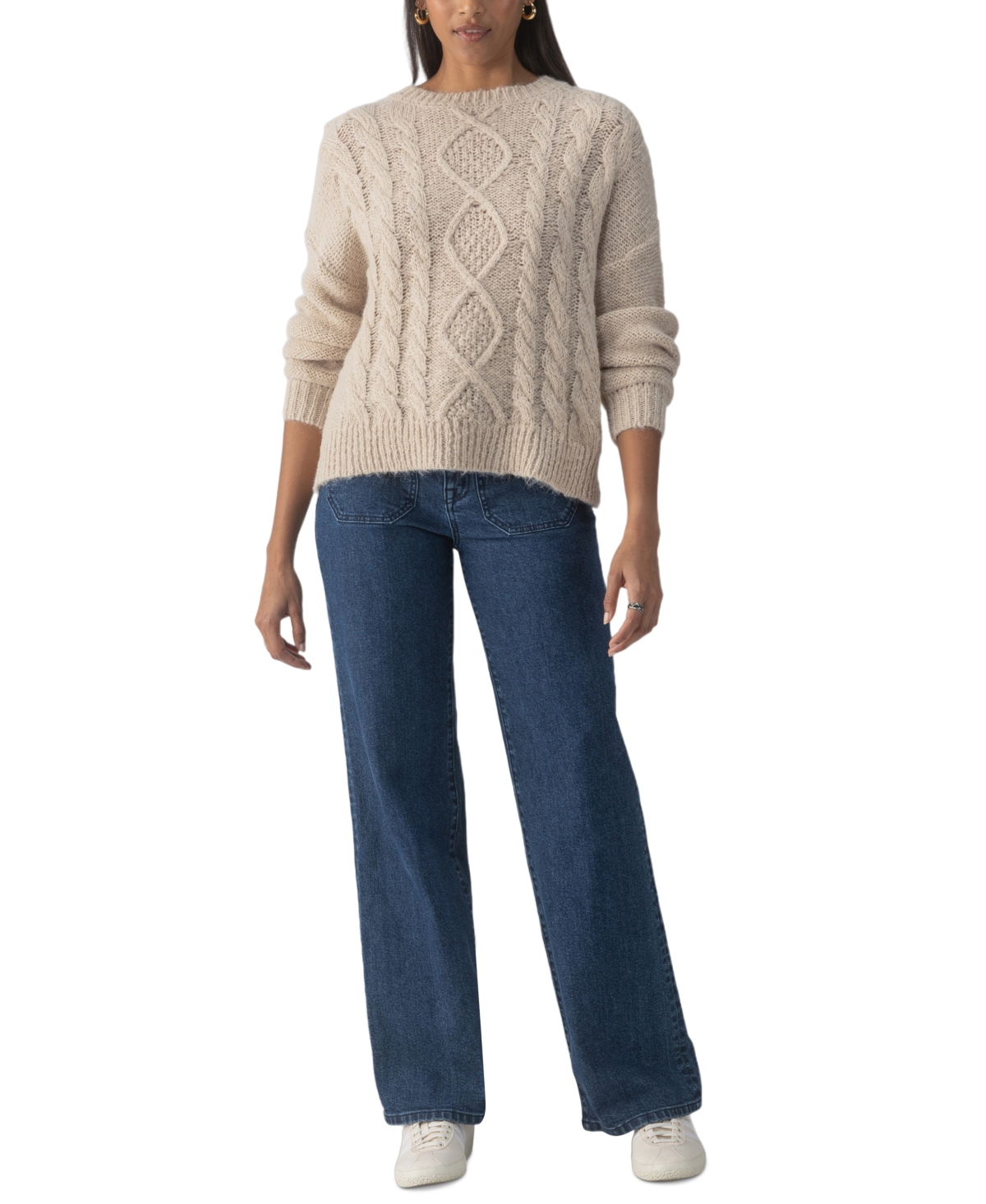 Sanctuary Cozy Cable Stitch Crewneck Sweater In Frosted Almond