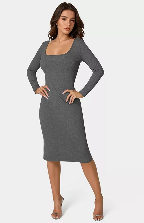 women's long sleeve square neck rib midi dress