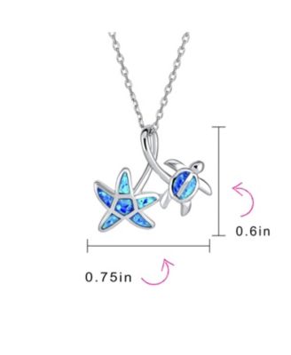 Nautical Tropical Beach Vacation Iridescent Blue Created Opal Inlay Sea Turtle Starfish Pendant Necklace .925 Sterling Silver