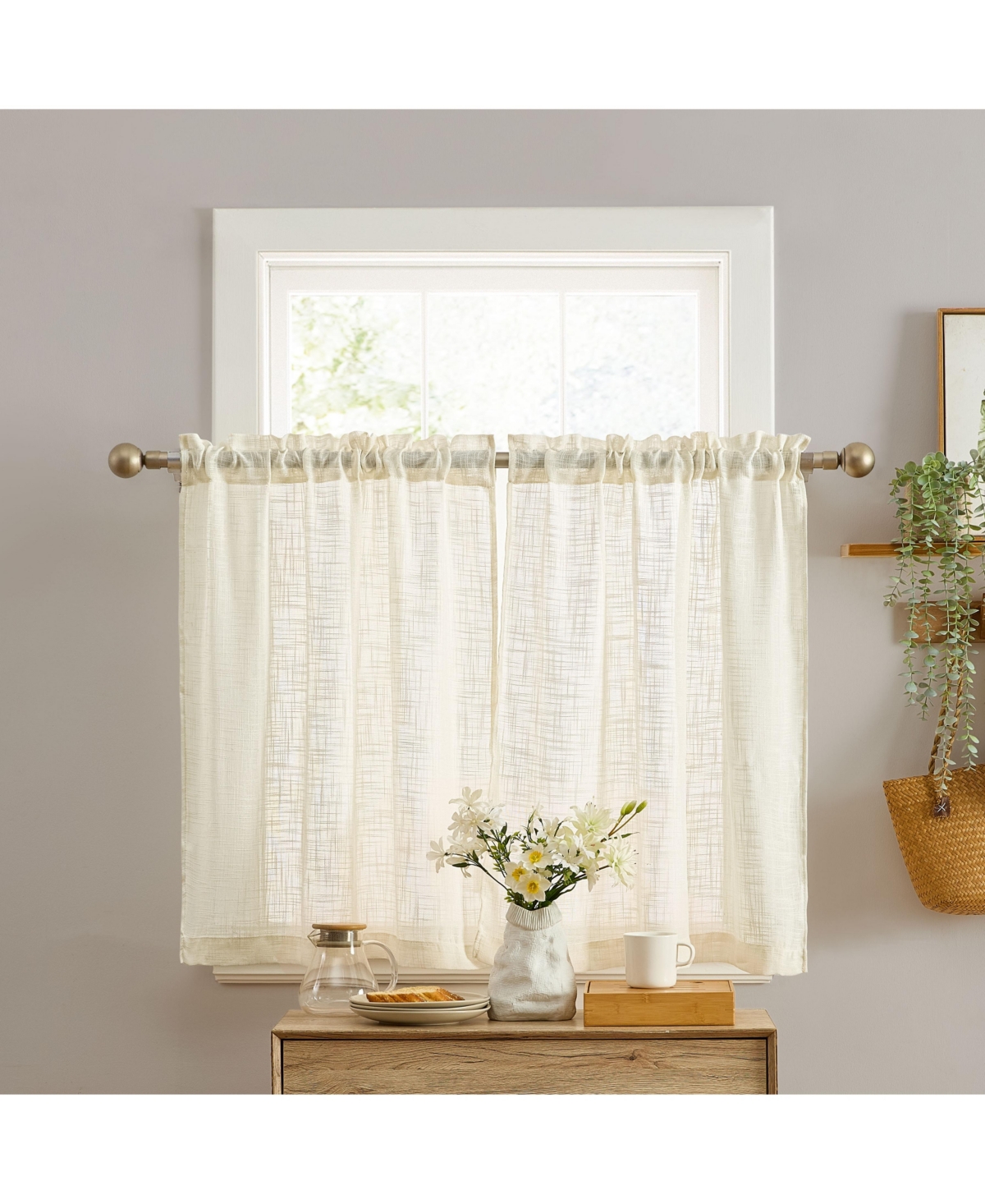 Hlc.me Linda Faux Linen Textured Semi Sheer Privacy Light Filtering Transparent Rod Pocket Short Thick Cafe Curtain Tiers for Small Windows