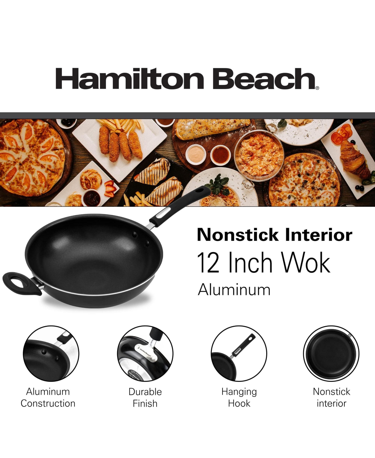 Hamilton Beach Nonstick Wok Pan 12-Inch -Aluminum Wok Pan with Soft Touch Bakelite Handle - Flared Edge - Spiral Bottom, Easy To Clean, Multipu