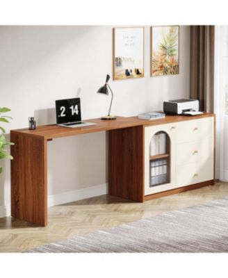 L Shaped Computer Desk with Drawers, Modern Corner Home Office Desk with Reversible Storage Cabinet, Long Study Writing Desk Workstation