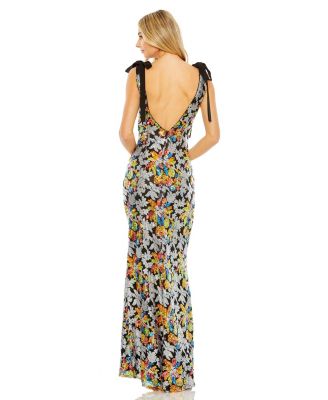 Women's Embellished Bow Strap V Neck Column Gown
