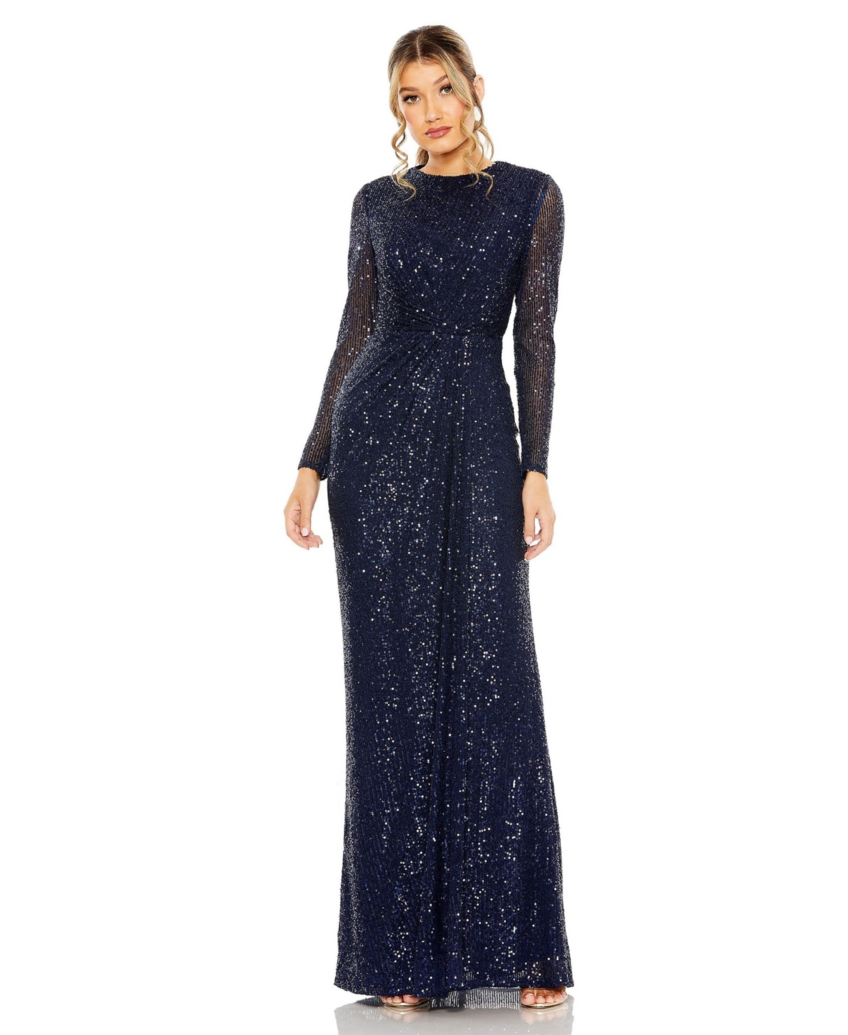 Women's Sequined Long Sleeve Side Knot Gown - Midnight