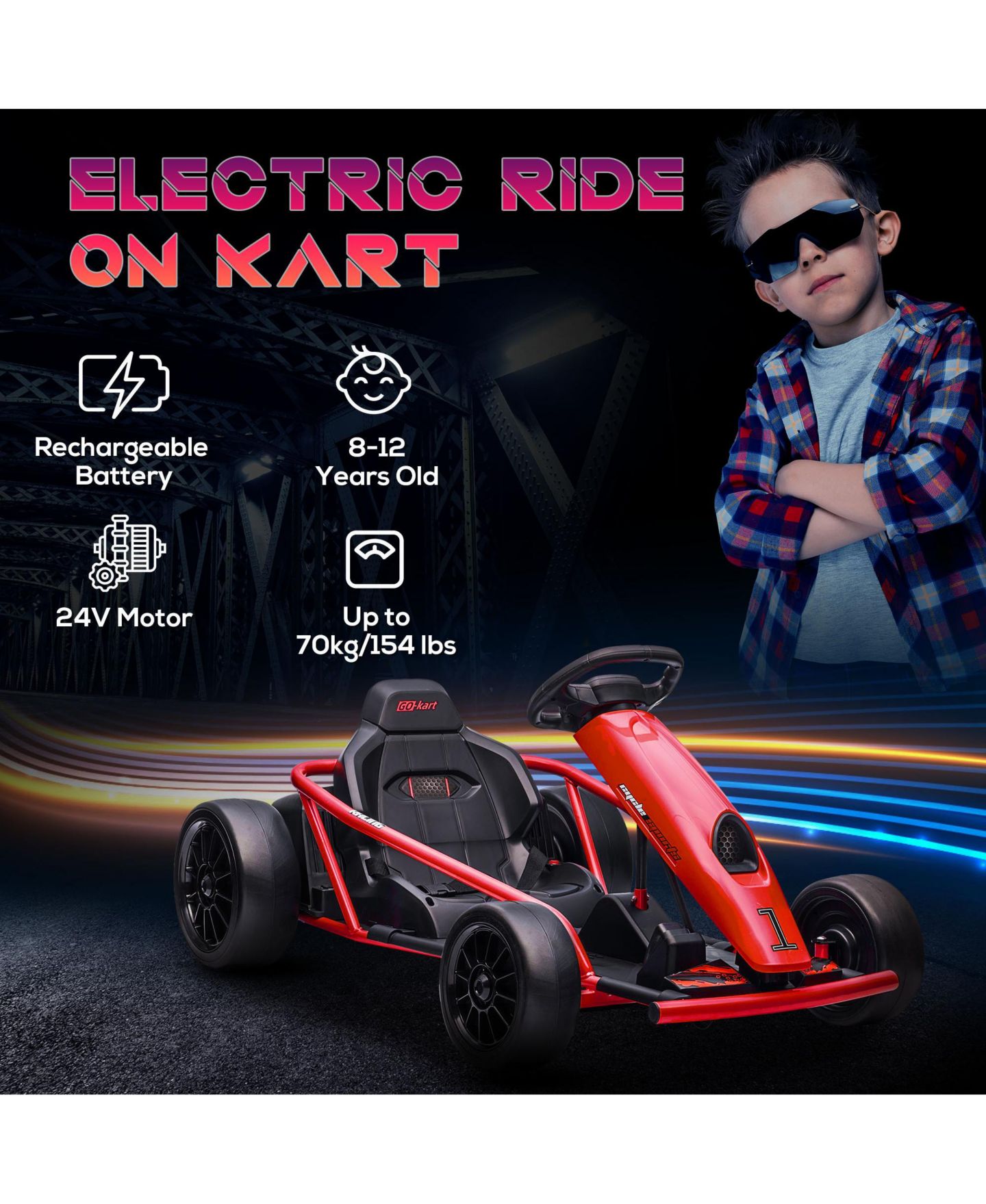 Детские игрушки Streamdale Furniture 24V 8.1 MPH Electric Go Kart, Drifting Car Battery Powered Ride on Toy Outdoor with Slow Start, Music, Horn Honking and Safety Belt, for 8-12 Years Old, Red — фото 7