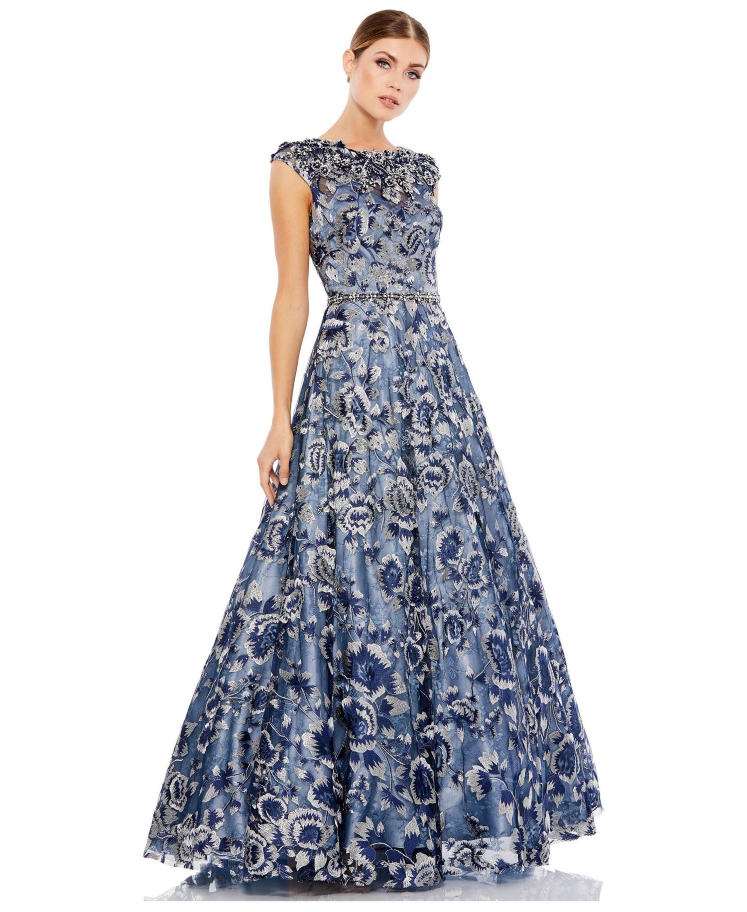Women's Embellished Cap Sleeve High Neck Ballgown.