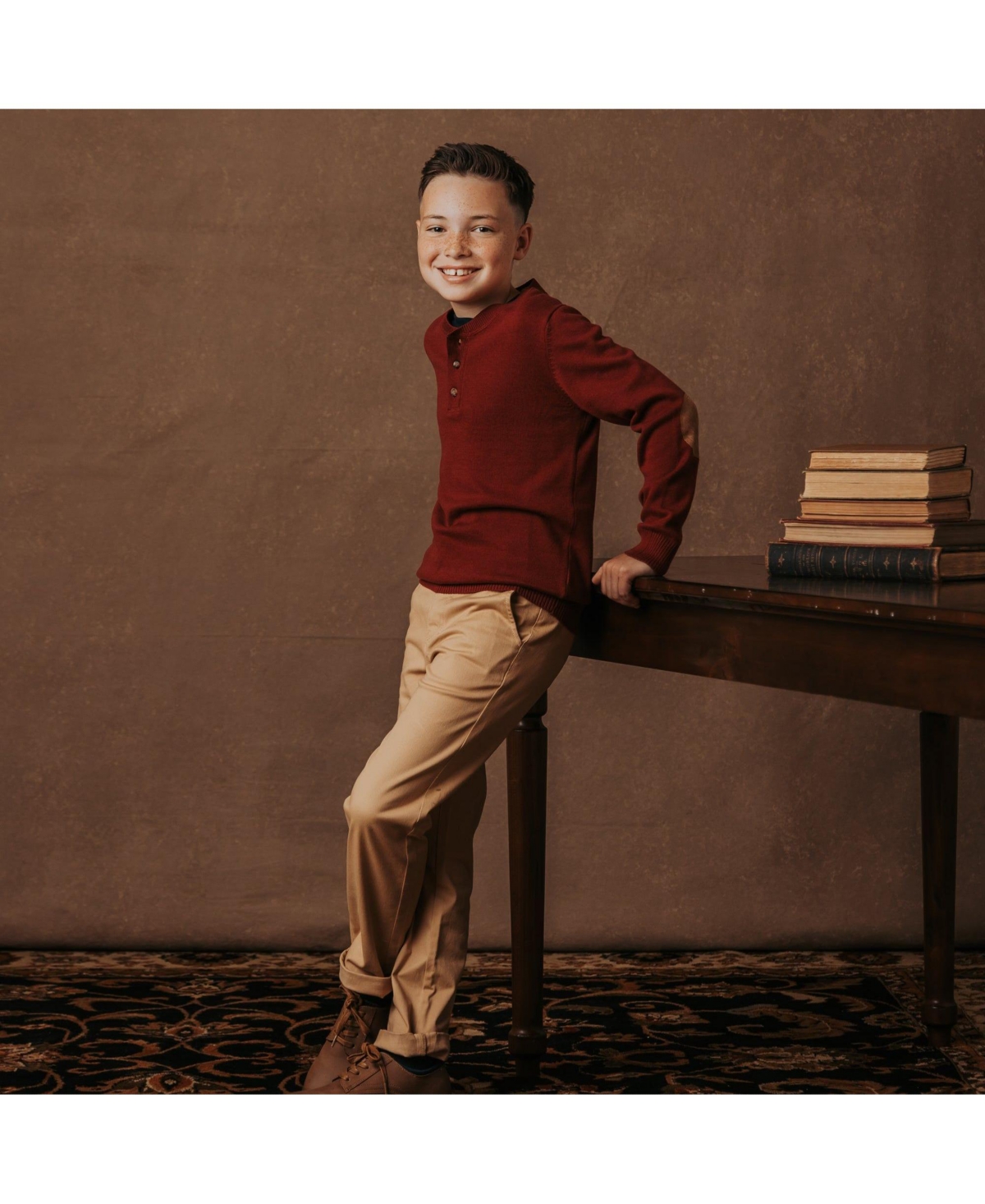 Hope & Henry Boys Organic Long Sleeve Henley Pullover Sweater with Elbow Patches