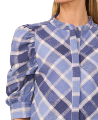 Women's Cotton Plaid Puff Elbow-Sleeve Shirt