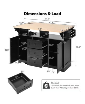 Large Kitchen Island with Drop Leaf, Power Outlet, Storage