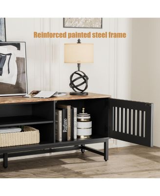 Modern TV Stand with Slatted Doors and Storage