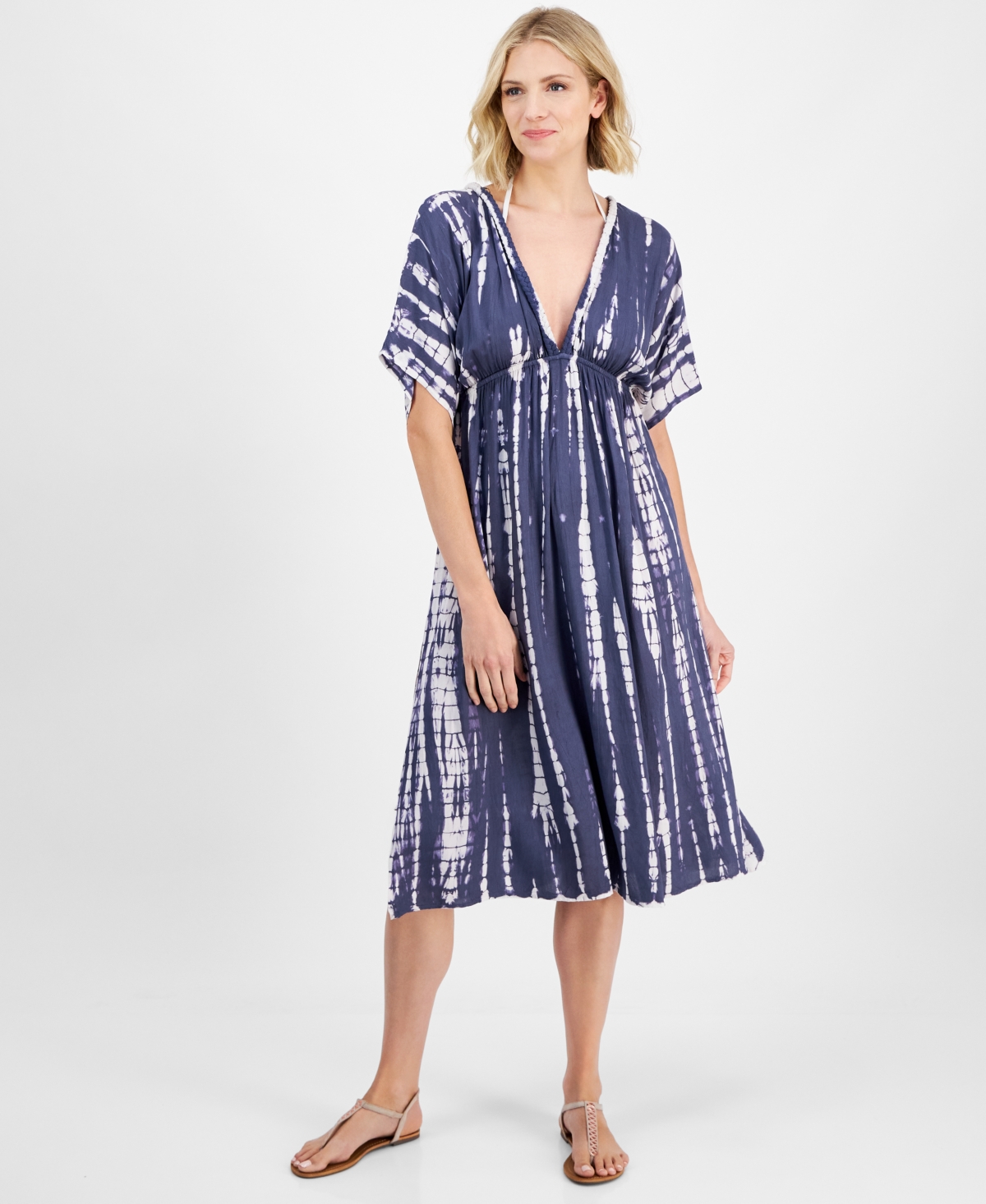 RAVIYA WOMEN'S TIE-DYED BRAID-TRIM V-NECK COVER-UP DRESS 