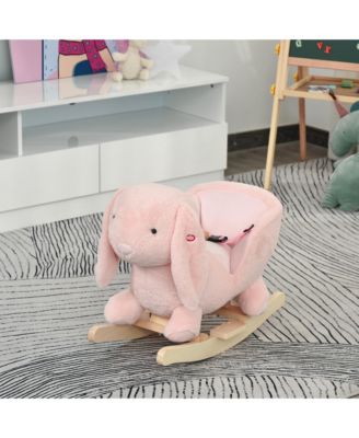 Rabbit Wooden Rocking Horse with Simulated Sound, Wooden Base, Seat Belt, Plush Stuffed Rocking Chair for Baby, Toddler, 18-36 Months, Pink
