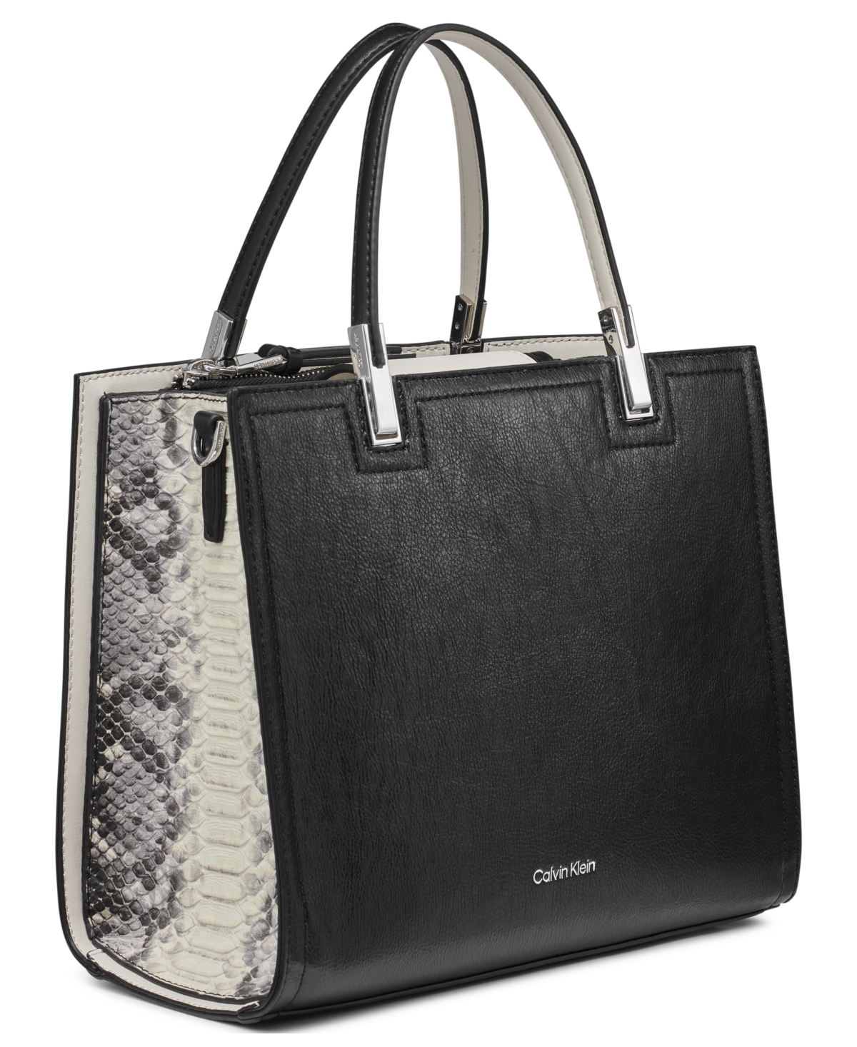 Shop Calvin Klein Verne Mixed Material Convertible Satchel In Black,white,grey