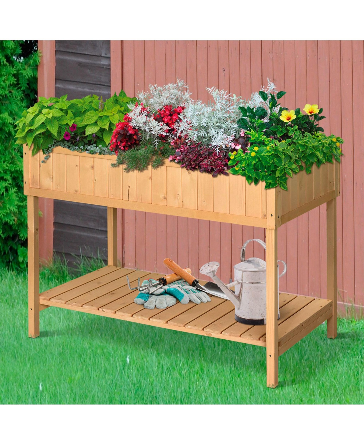 Streamdale Furniture 43x18x30in Raised Garden Bed with 8 Pockets and Shelf, Wooden Elevated Planter Box with Legs to Grow Herbs, Vegetables, and Flowe
