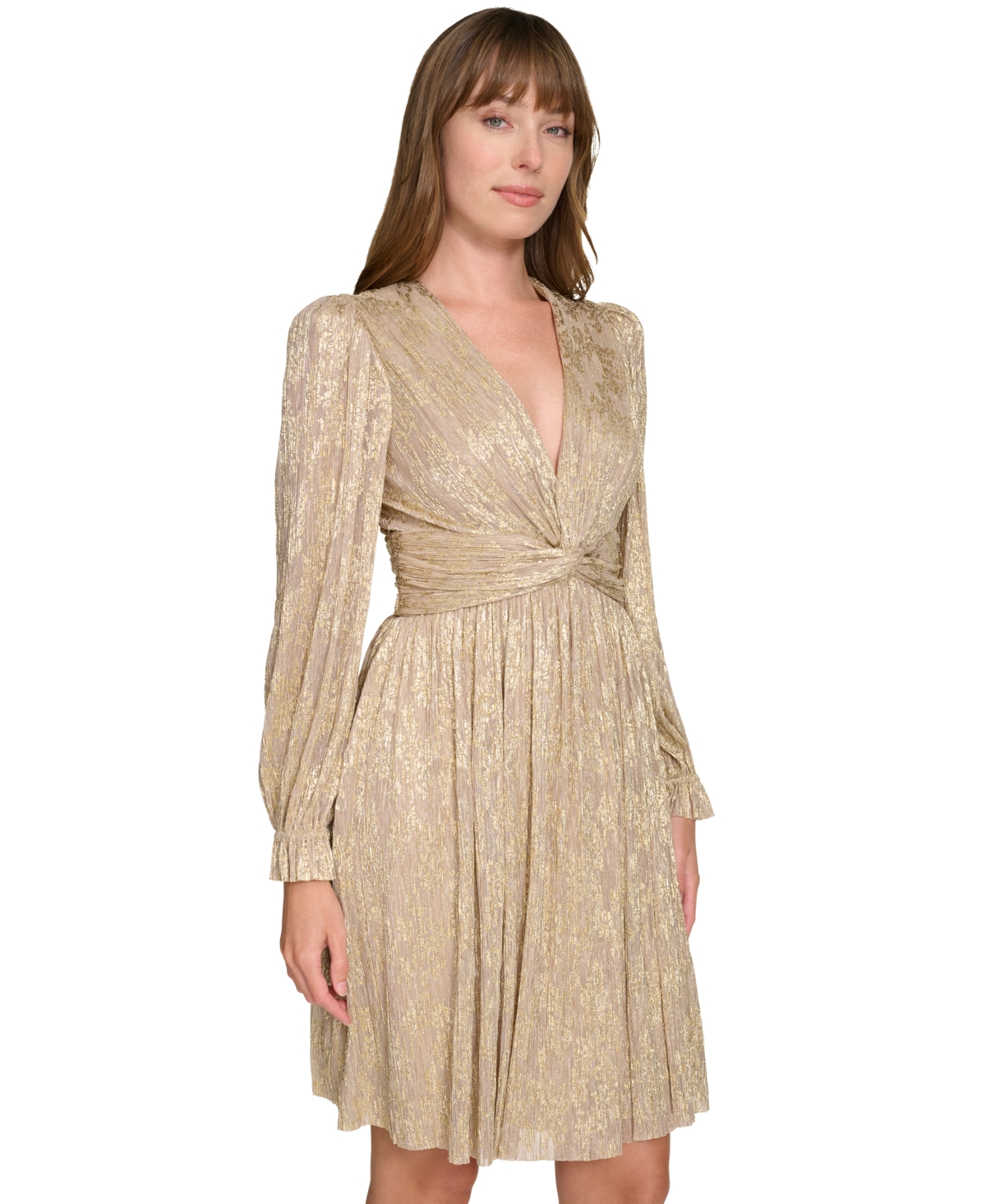 Tommy Hilfiger Women's Metallic-Print Crinkled Fit & Flare Dress -Gold