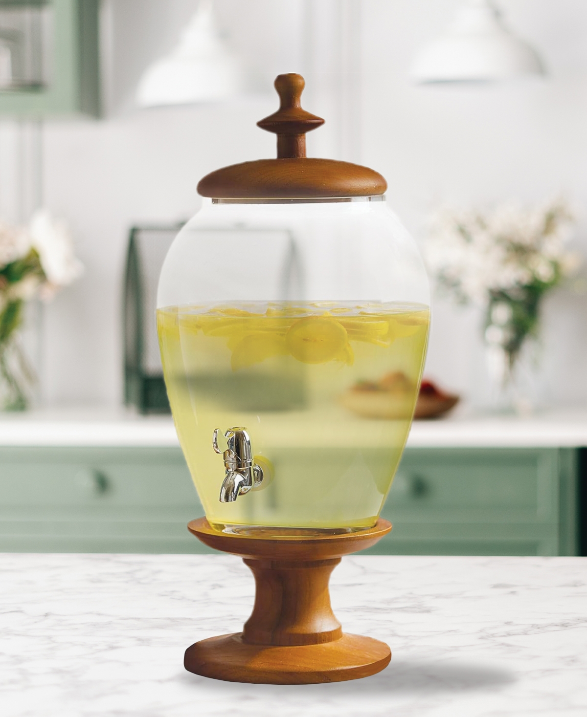 Circleware Beverage Dispenser With Wooden Lid And Base, 357 Oz. In Clear