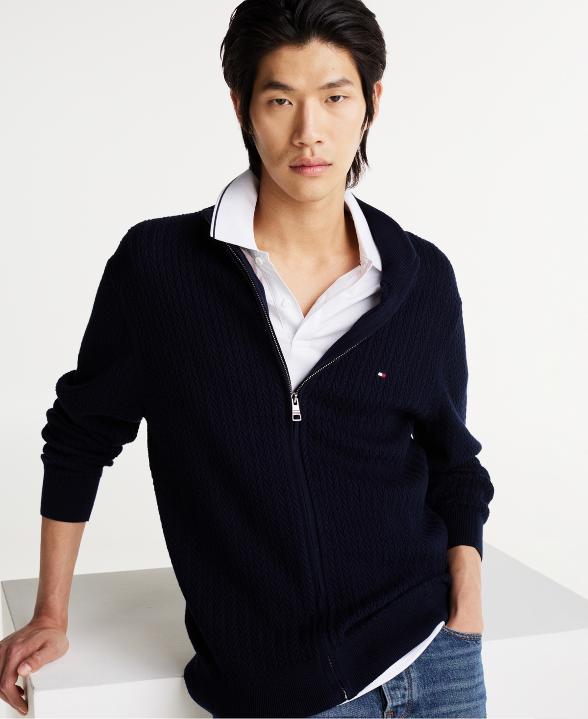 Tommy Hilfiger Men's Herringbone Knit Zip Sweater