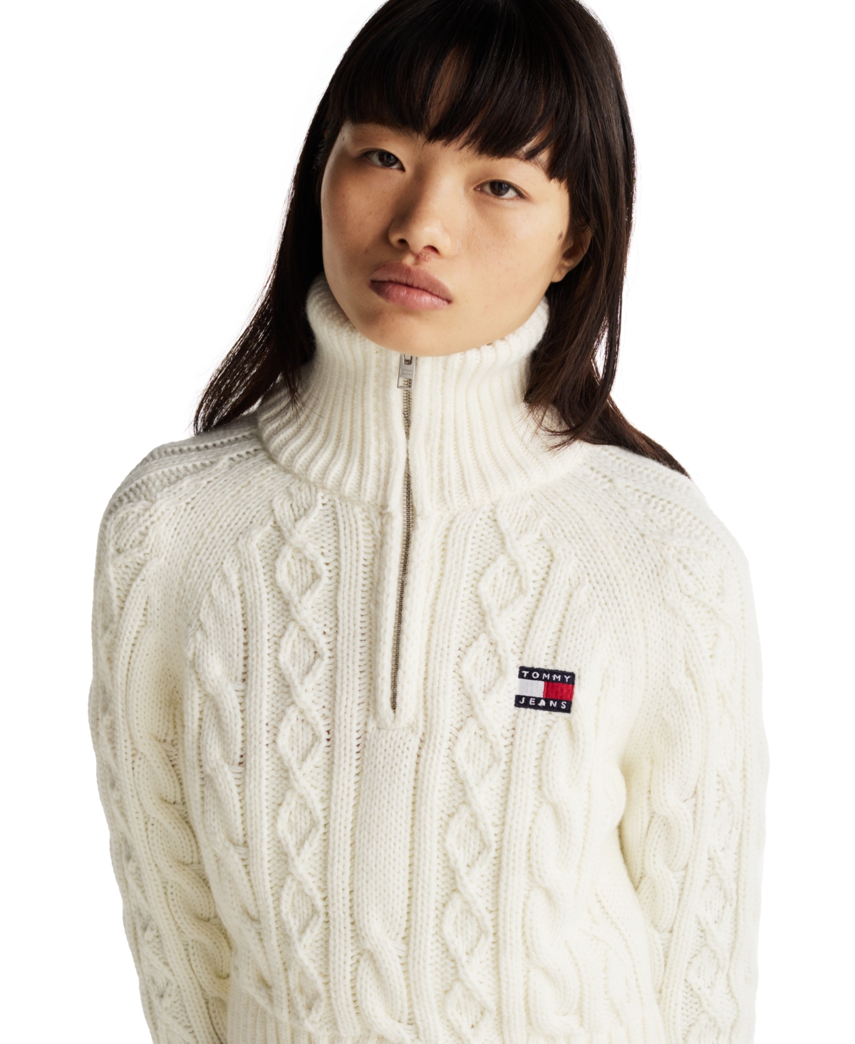 Tommy Jeans Women's Quarter-zip Cable-knit Sweater In Ancient White