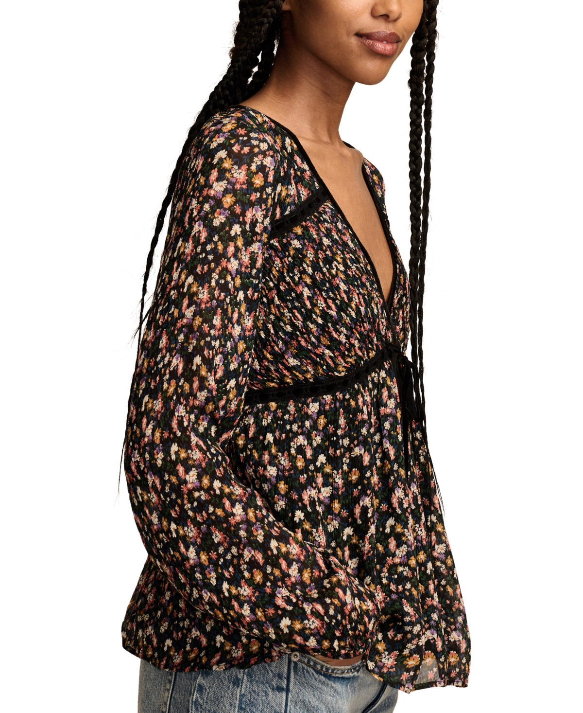 Lucky Brand Women's Printed Ruffle-Bodice V-Neck Top