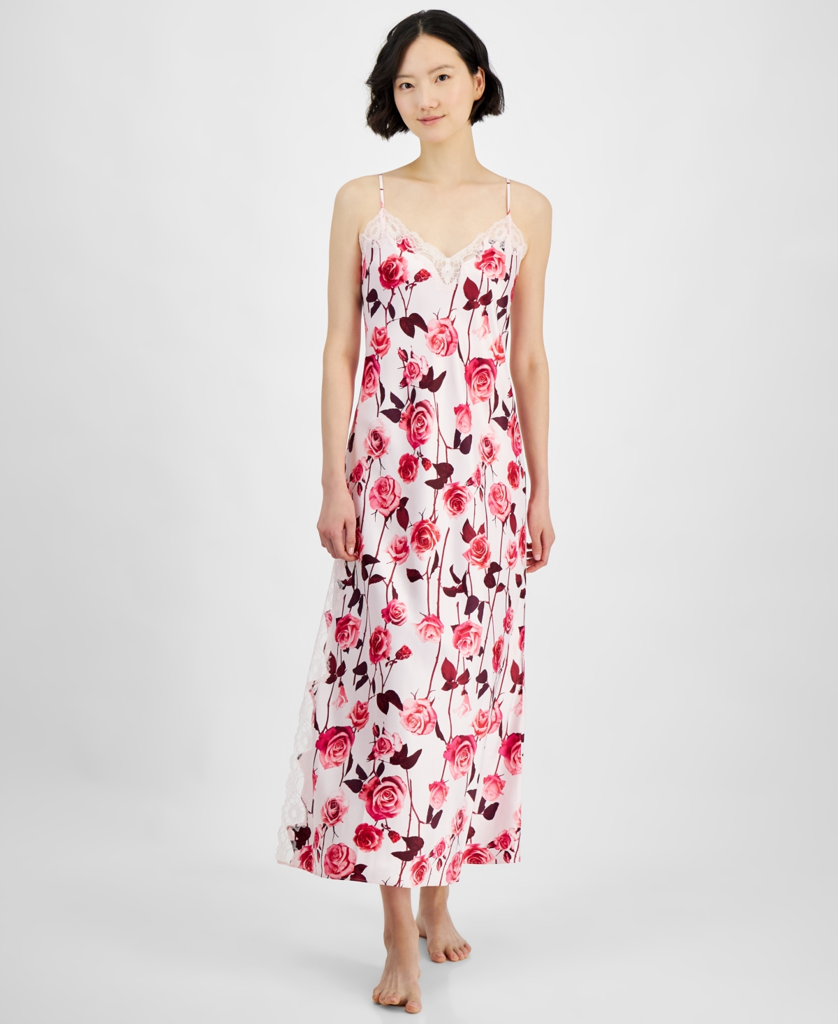Inc International Concepts Women's Lace-trim Satin Nightgown, Exclusively At Macy's In Falling Ro