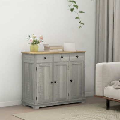 Sideboard with Solid Wood Countertop, Modern Kitchen Storage Cabinet, Coffee Bar Cabinet with 3 Drawers, Doors and Adjustable Shelf, Distressed Light Gray