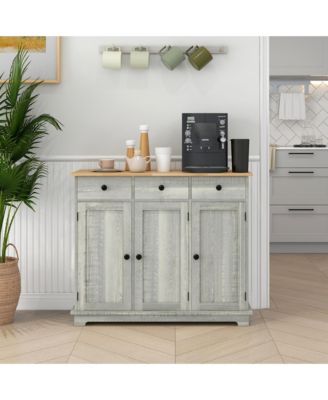Sideboard with Solid Wood Countertop, Modern Kitchen Storage Cabinet, Coffee Bar Cabinet with 3 Drawers, Doors and Adjustable Shelf, Distressed Light Gray