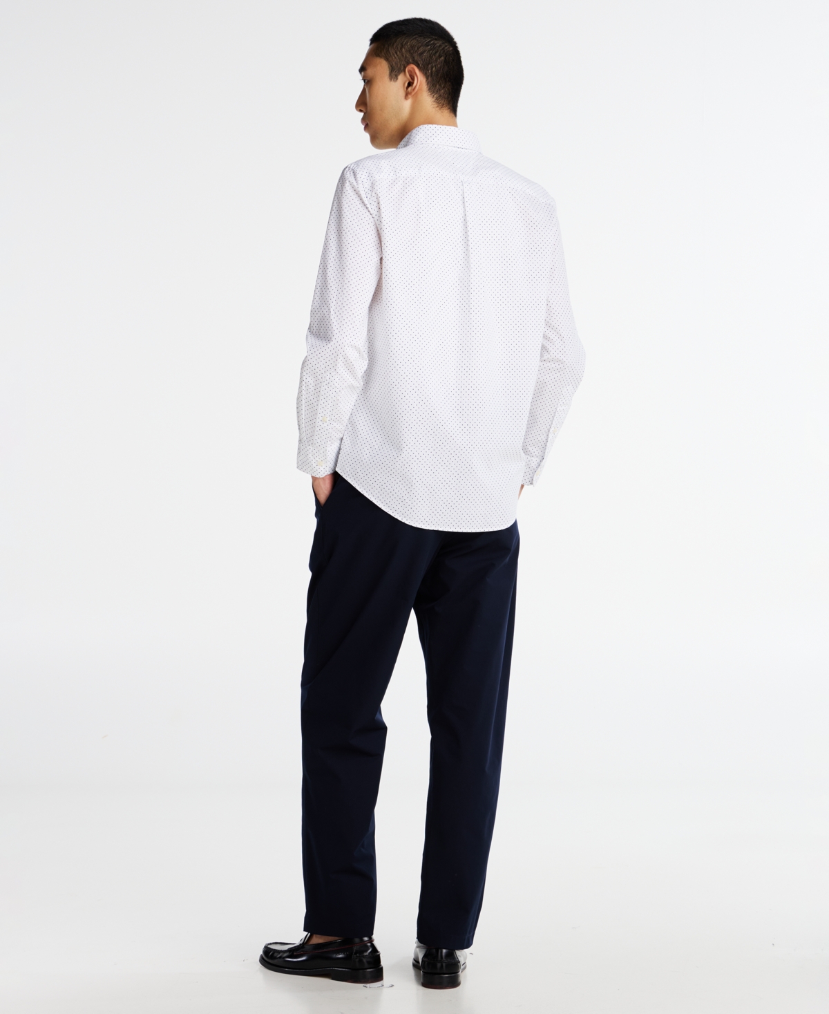 Tommy Hilfiger Men's Long Sleeve Button-front Dot Print Flex Poplin Shirt In Optic White,navy Dot