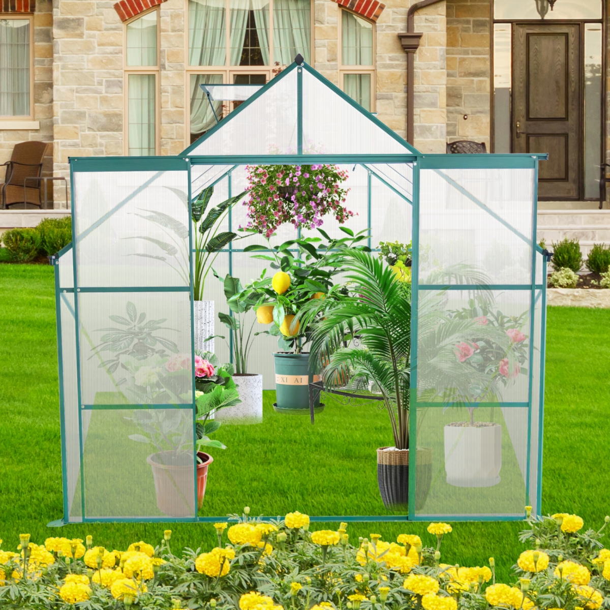 Streamdale Furniture 8x8 Ft Double Door Polycarbonate Greenhouse Raised Base and Anchor Aluminum Heavy Duty Walk-in Greenhouses for Outdoor Backyard i