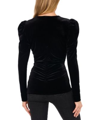 Women's Velvet V-Neck Ruched Long-Sleeve Top 