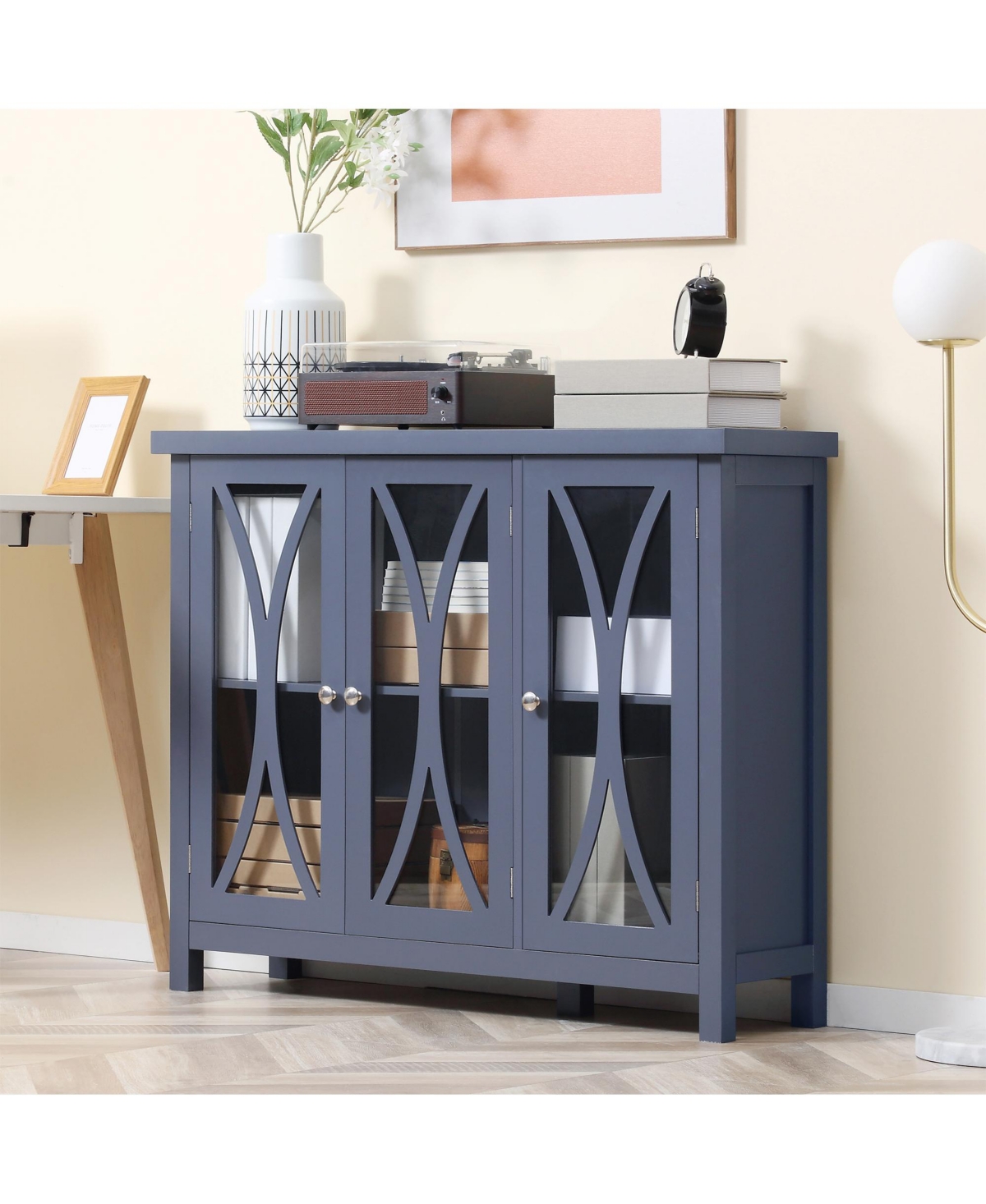Streamdale Furniture Sideboard, Buffet Cabinet with 3 Tempered Glass Doors, Arc Pattern and Adjustable Storage Shelf, Credenza,- Gray