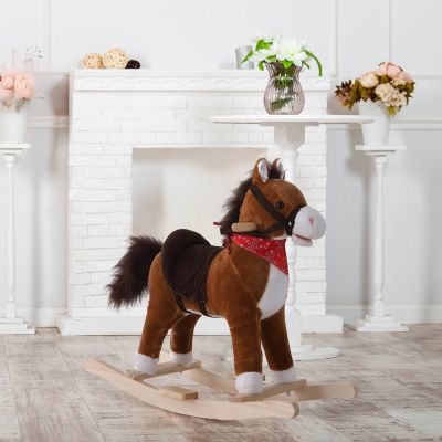 Kids Ride on Rocking Horse Plush Toy with Realistic Sounds and Red Scarf for Over 3 Years Old Birth Gift