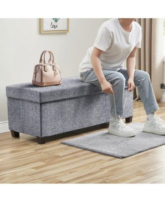Foldable Tufted 43 Inch Long Linen Bench Storage Ottoman with Legs
