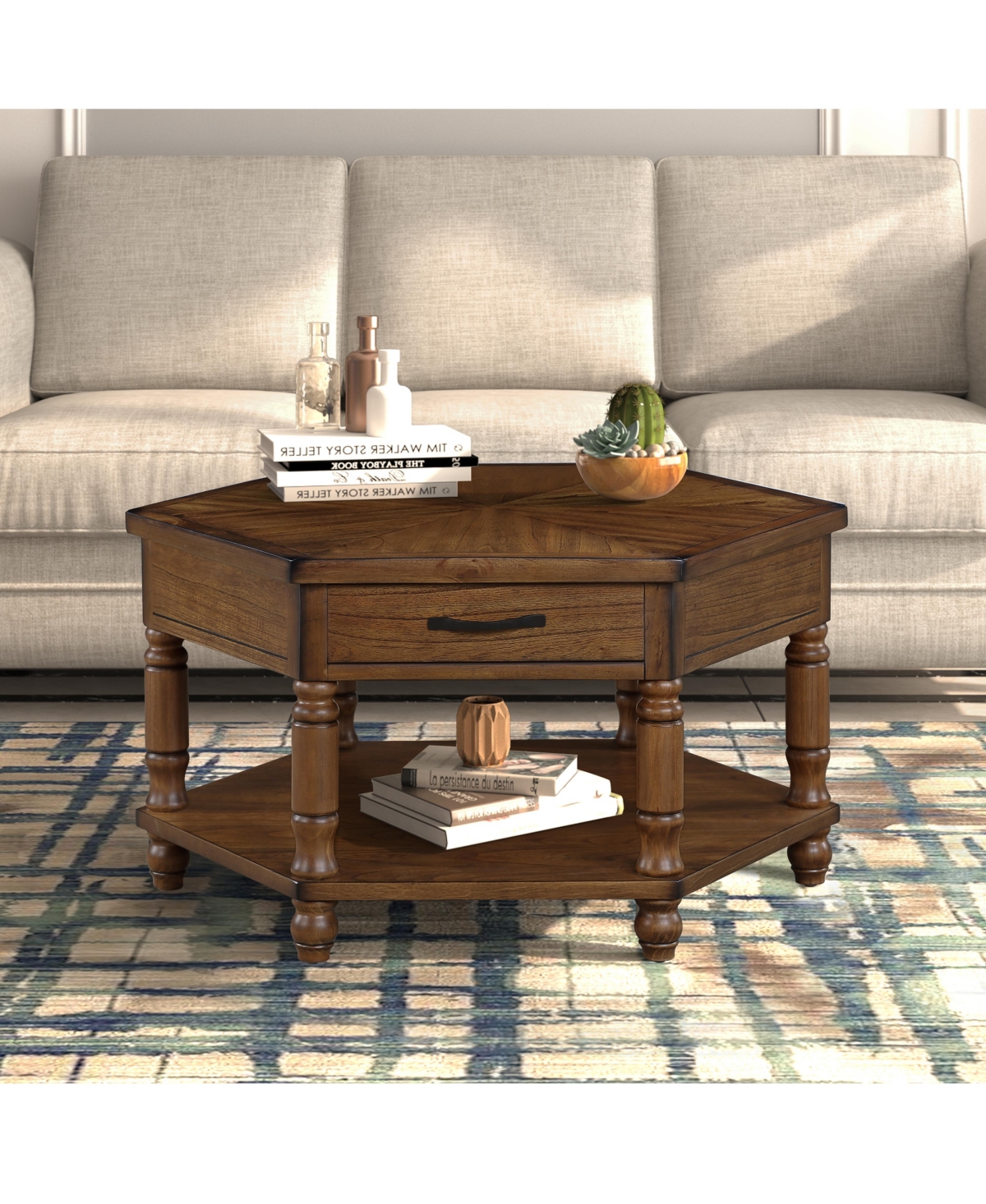 Streamdale Furniture 2 Tier Retro Hexagon Living Room Solid Wood Coffee Table with Shelf & Drawer, 36