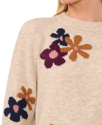 Women's Flower Patterned Knit Crewneck Sweater