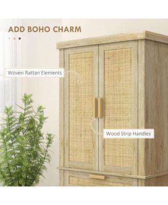 72" Tall Pantry Cabinet with Rattan Decorated Panel, Freestanding Boho Kitchen Storage Cabinet with 4 Doors, Drawer, 5-Tier Shelf and Adjustable Shelves, Oak