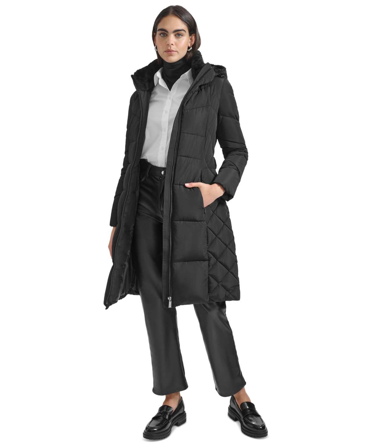 Calvin Klein Women's Diamond Quilted Side Belted Hooded Puffer Coat