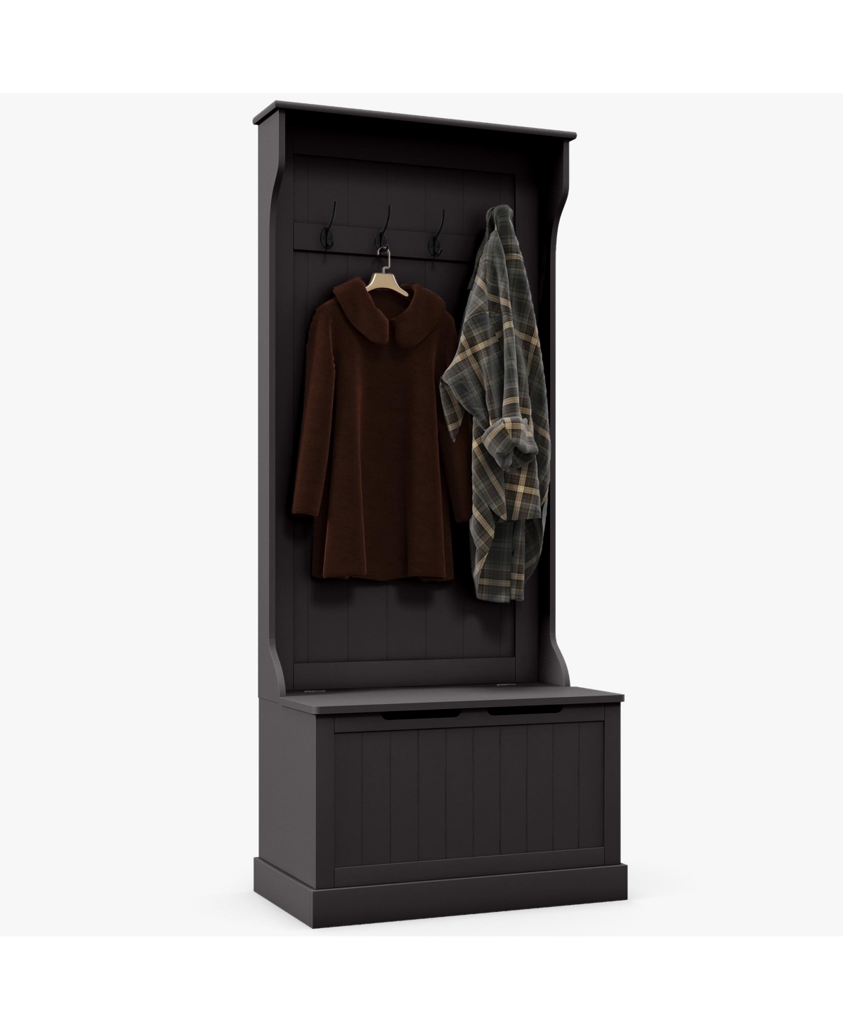 28" 3-In-1 Entryway Hall Tree with Storage Bench, Coat Rack with Four Hooks and Shoe Storage, Black - Black