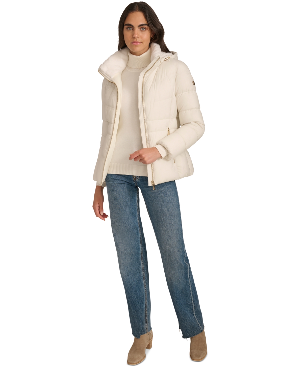 Shop Calvin Klein Petite Faux-fur-lined Hooded Puffer Coat In Eggshell