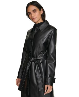 Women's Belted Faux-Leather Trench Coat