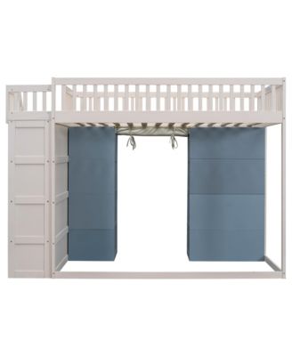  Full Size Loft Bed with 2 Four-layer Storage Cabinets and Curtain