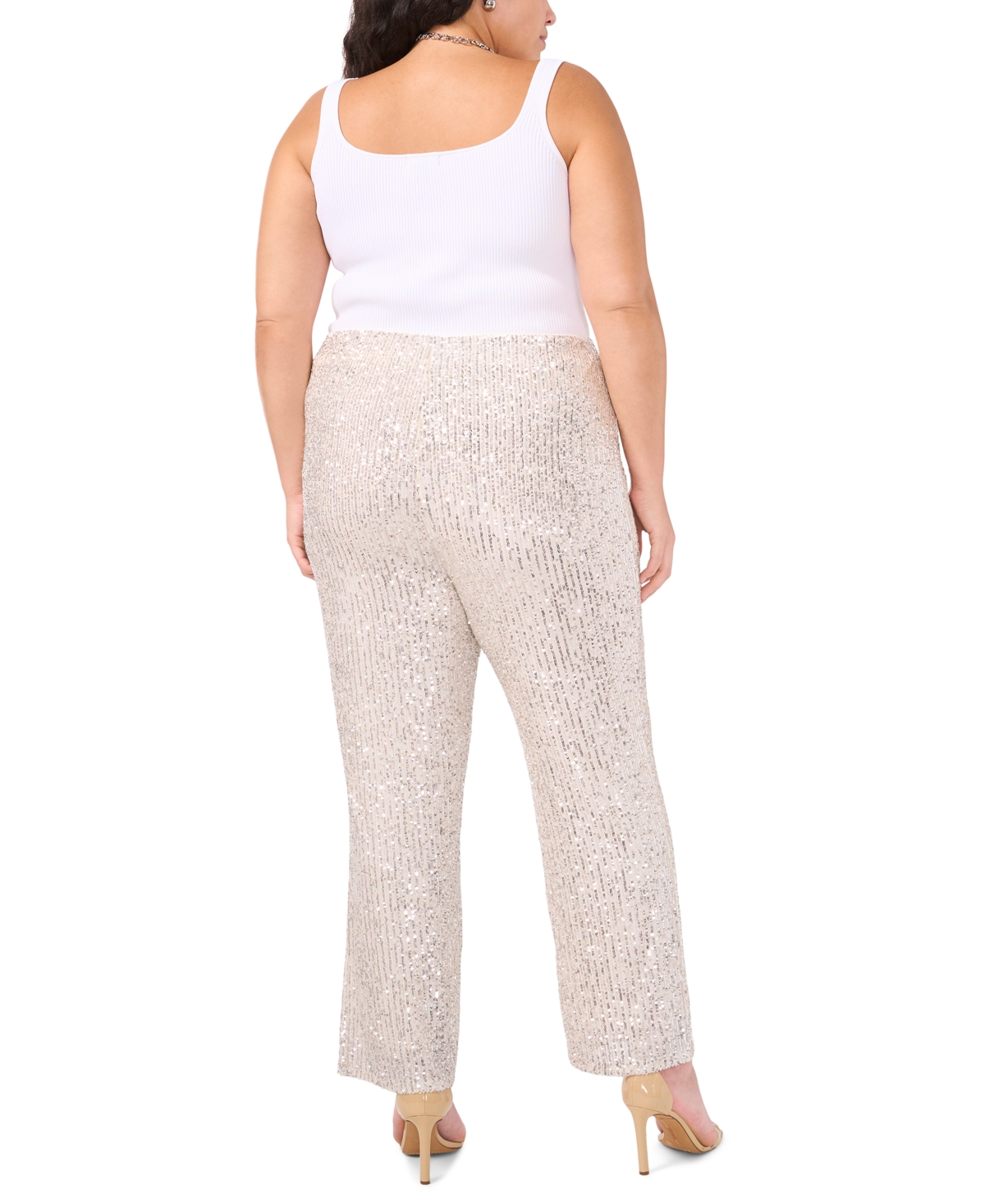 Msk Plus Size Sequined Mesh Pull-on Palazzo Pants In Silver