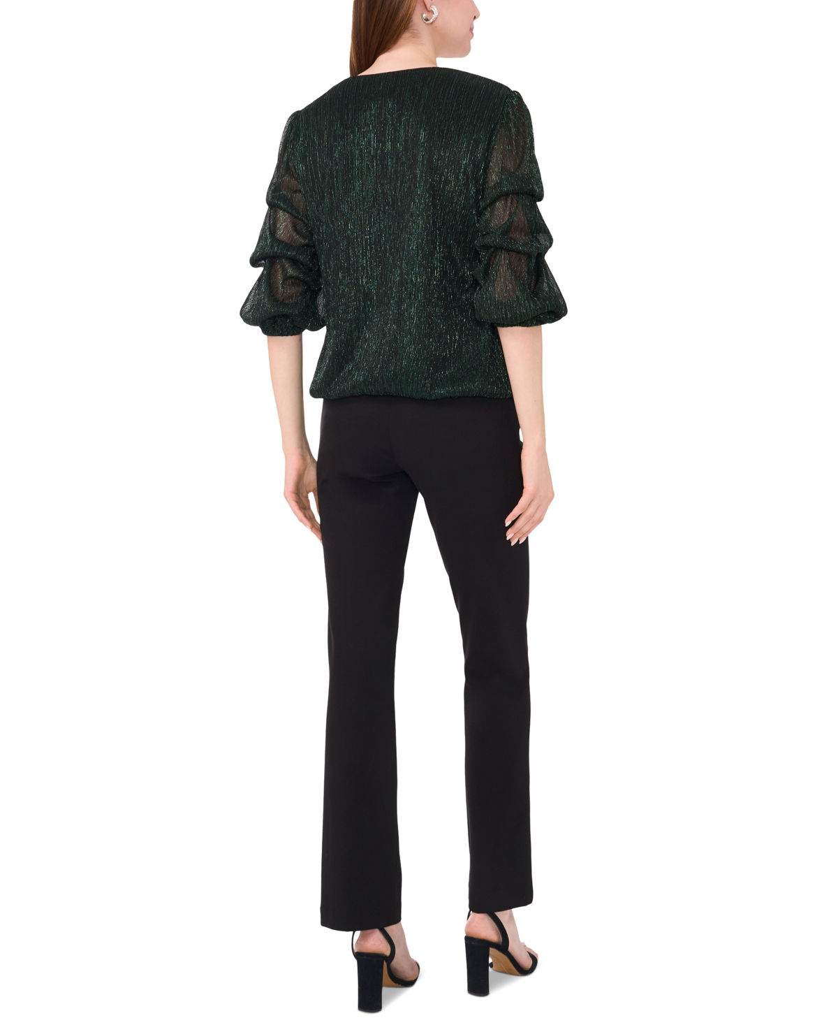 Msk Petite Metallic Lantern-Sleeve Top -Green