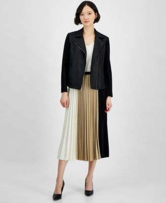 Womens Mixed Media Asymmetric Zip Jacket Colorblocked Pull On Pleated Skirt