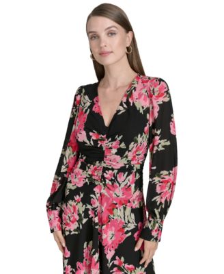Halston Women's Floral-Print Ruched Fit & Flare Dress - Macy's