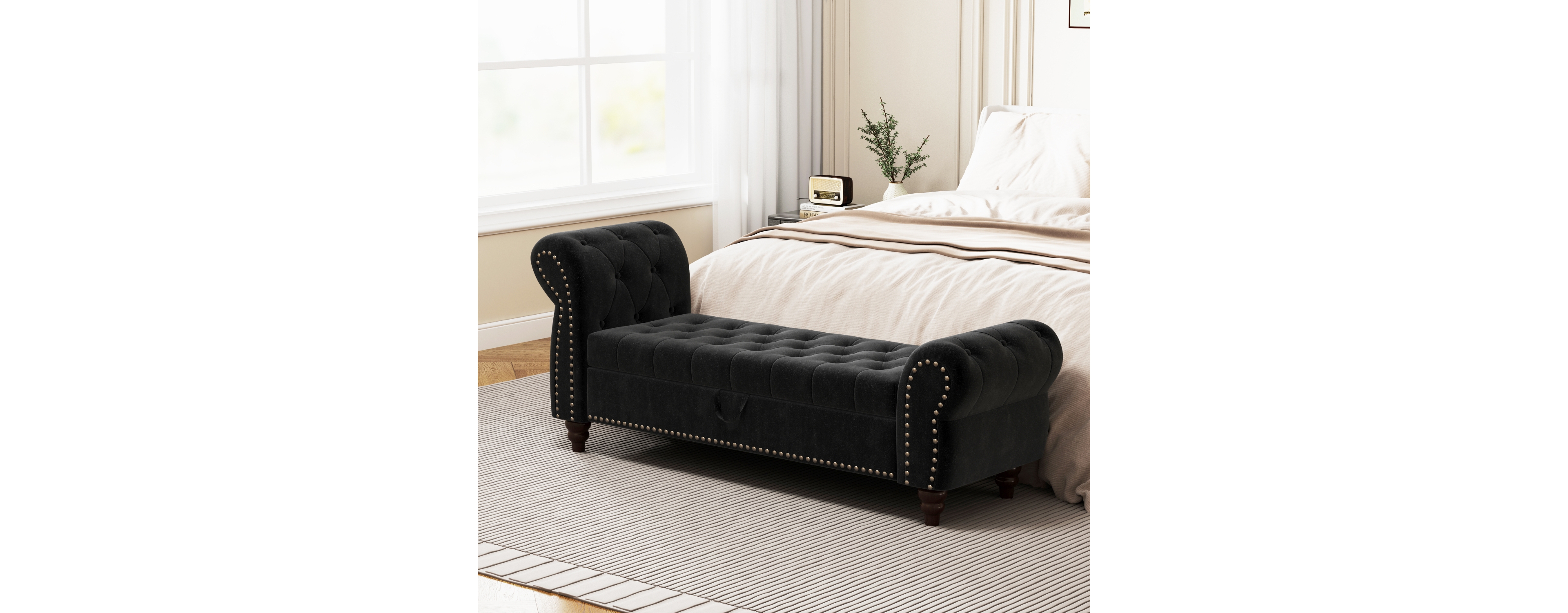 64.5" Bed Bench for Bed Room Nails Tufted Chaise of Lounge with Storage Velvet Upholstery Black
