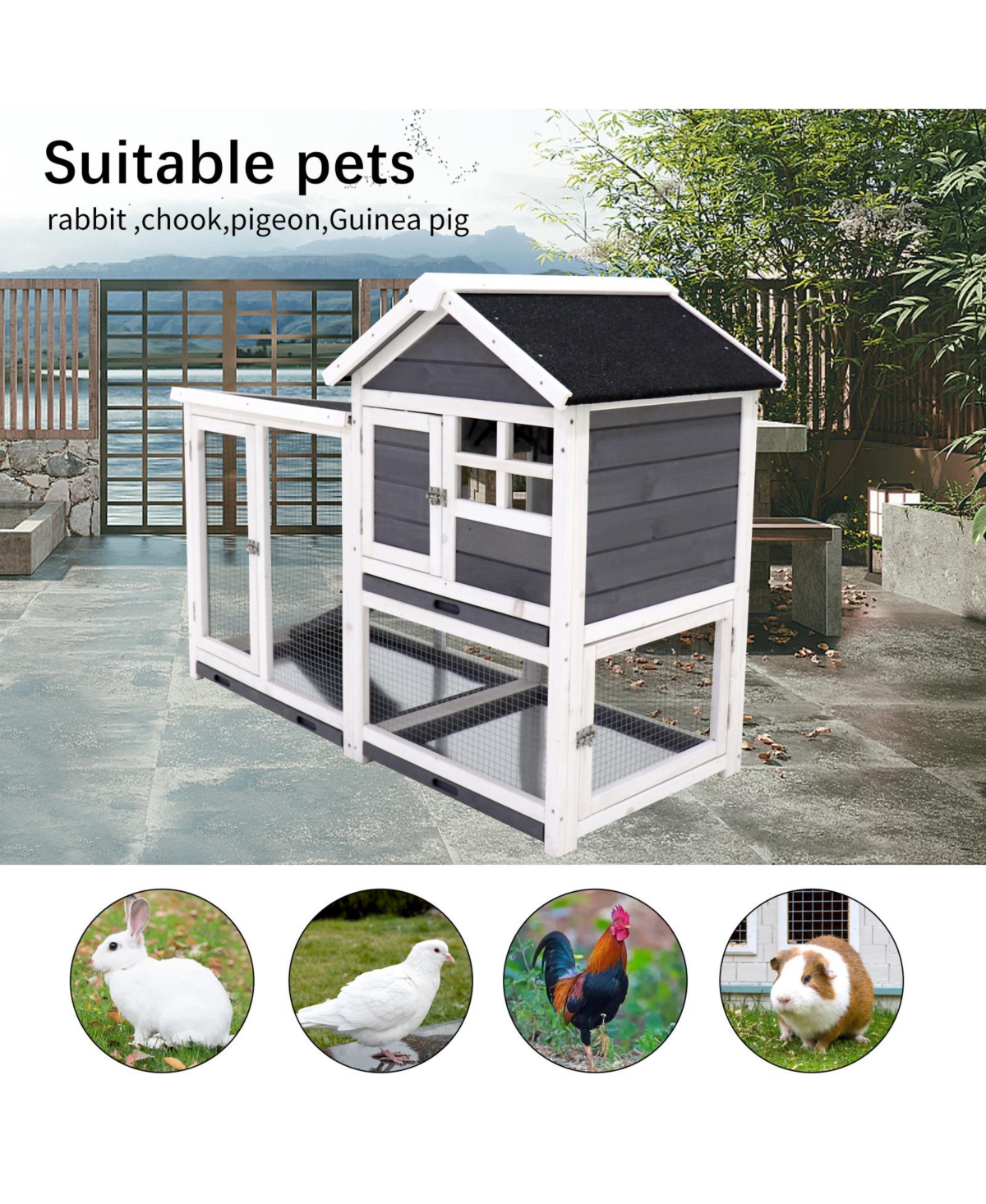 Streamdale Furniture Rabbit Hutch Outdoor Rabbit Cage Indoor on Wheels Bunny cage with Deep No Leak Pull Out Tray, Upgrade Version (Gray) - Antique wh