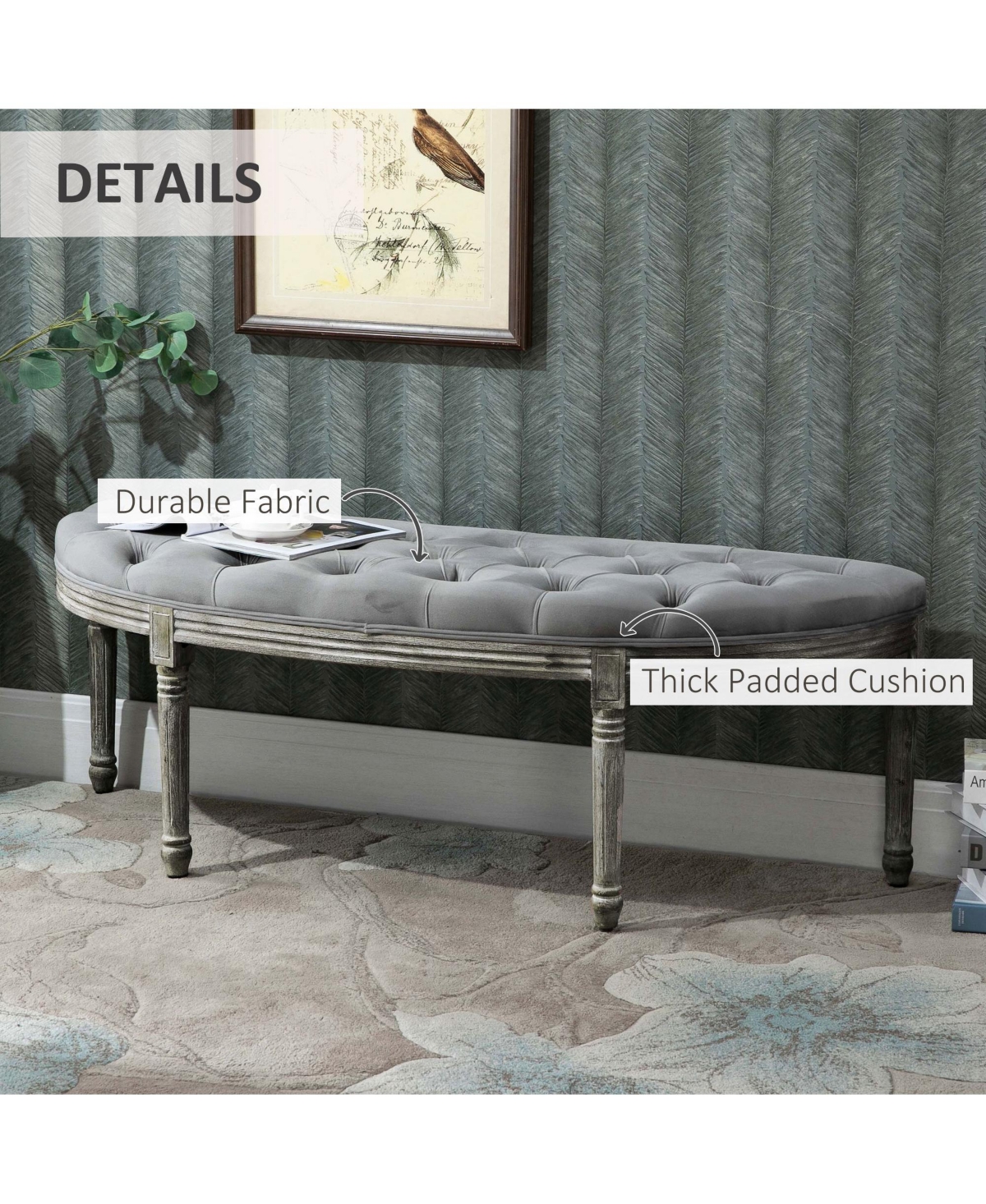 Streamdale Furniture Vintage Semi-Circle End of Bed Bench, Upholstered Bedroom Entryway Bench with Tufted Velvet-Touch Fabric with Rubberwood Legs, Gr
