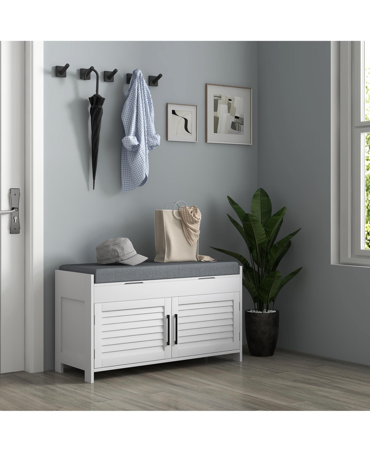Streamdale Furniture Shoe Bench, Entryway Bench with Shoe Storage, Cushion, Hidden Compartments, Adjustable Shelves and Shutter Doors, 35.4